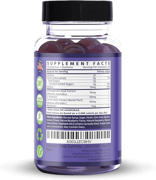 TruHeight Sleep Gummies - Kids & Teen Natural Sleep Aid for Growth & Development - Endorsed by Pediatricians - Kids Melatonin Gummy - Melatonin, Ashwagandha, L Theanine, Lemon Balm, Ages 4+