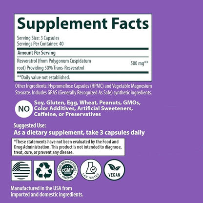 Resveratrol Supplement 500 mg – Supports Healthy Aging, Cognitive Function, and Heart Health - Plant Based Trans Resveratrol - Vegan, Non-GMO, 120 Capsules