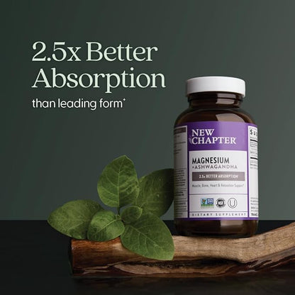 New Chapter Magnesium + Ashwagandha Supplement, 325 mg with Magnesium Glycinate, 2.5x Absorption, Muscle Recovery, Heart & Bone Health, Calm & Relaxation, Gluten Free, Non-GMO - 90 ct (3 Month Supply)