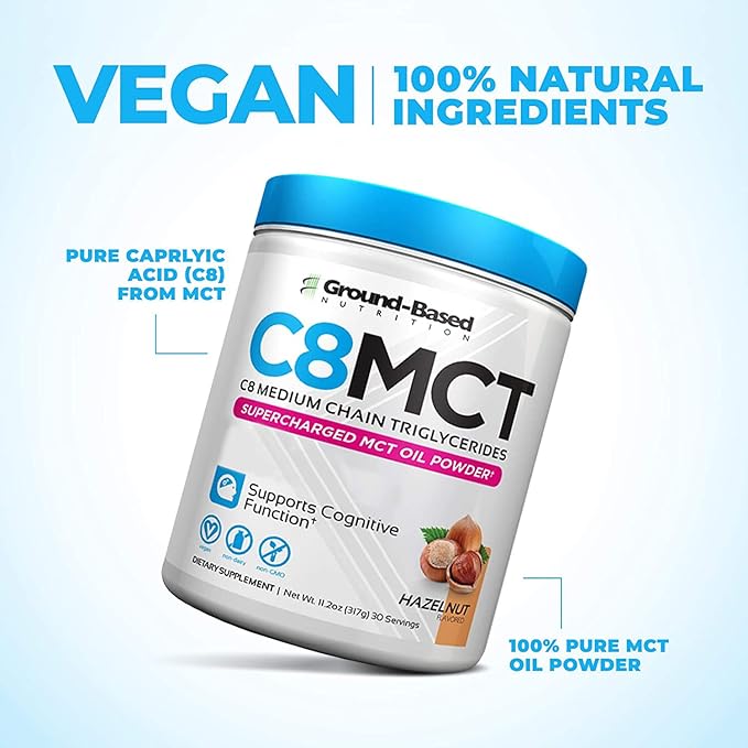 Ground-Based Nutrition C8 MCT Oil Powder – Supercharged Medium Chain Triglycerides MCT Oil Powder – Vegan-Friendly, Non-GMO Powdered C8 MCT Oil, Ketogenic MCT Coffee Creamer, No Stevia (Hazelnut)