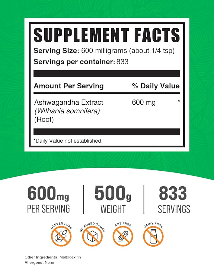BulkSupplements.com Ashwagandha Root Extract Powder 600mg per 500g (1.1 (1.1 lbs) 1)