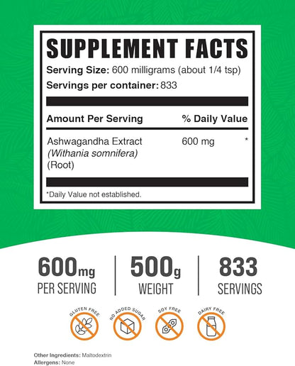 BulkSupplements.com Ashwagandha Root Extract Powder 600mg per 500g (1.1 (1.1 lbs) 1)