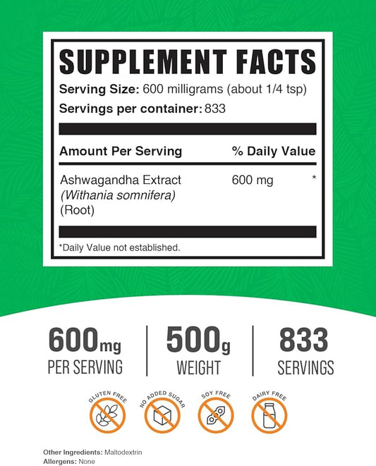 BulkSupplements.com Ashwagandha Root Extract Powder 600mg per 500g (1.1 (1.1 lbs) 1)