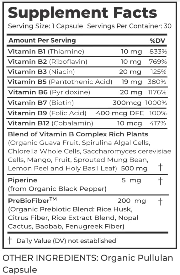 Organic Vitamin B Complex Supplement 30 Capsules