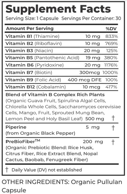 Organic Vitamin B Complex Supplement 30 Capsules