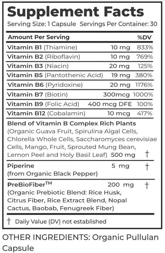 Organic Vitamin B Complex Supplement 30 Capsules