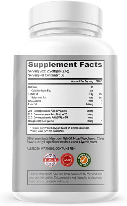 Atlas Nutraceuticals-Atlantic Caught Menhaden Fish Oil-Lab 3-2400mg, Burpless, DPA/DHA/EPA-60 Softgels (1)