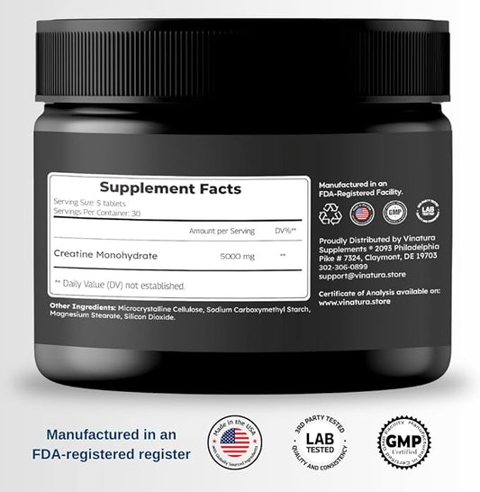 Creatine Monohydrate Pills 5g - creatine Tablets, creatine Pills for Men, Women, creatina en capsulas *USA Made & Tested* Unflavored, creatine monohydrate Powder alt, 150 Tablets 30 Servings
