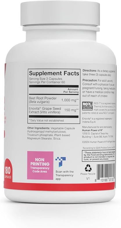 humanN SuperBeets Beet Root Capsules Quick Release 1000mg, Helps Support Nitric Oxide Production, Blood Pressure, Heart Health, Contains Non-GMO Beetroot Powder, Studied Antioxidants 180 Count