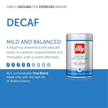 illy Ground Coffee Espresso - 100% Arabica Coffee Ground – Classico Decaf Roast - Notes of Caramel, Toasted Bread & Chocolate - Rich Aromatic Profile - No Preservatives – 8.8 Ounce, 6 Pack