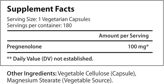 Brain & Hormone Support Pregnenolone - 180 Veggie Caps for Enhanced Memory, Focus & Vitality - Made in USA