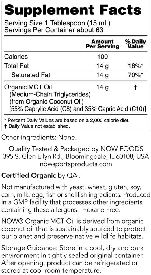 NOW Sports Nutrition, Organic MCT (Medium-chain triglycerides) Oil (in Plastic), 32-Ounce