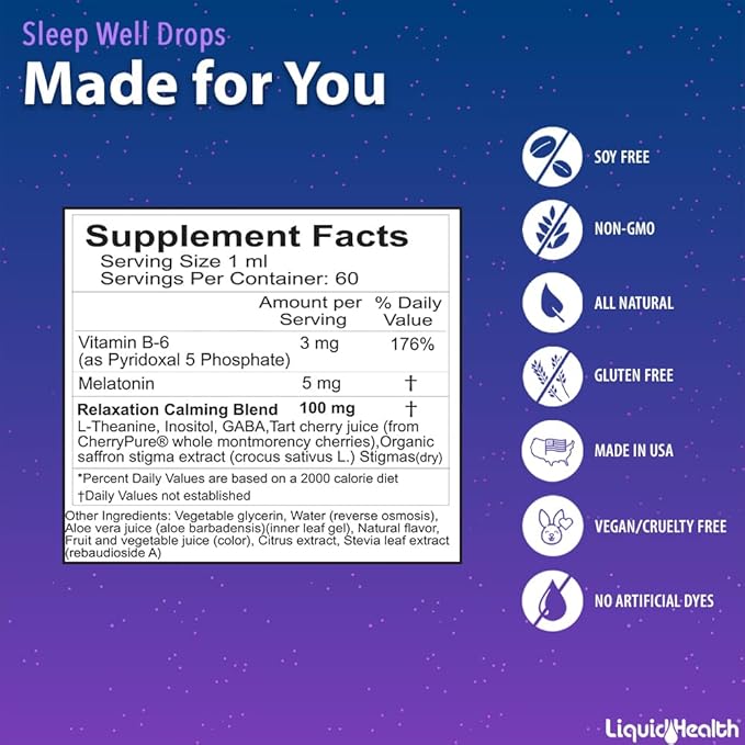LIQUIDHEALTH Sleep Well Natural Sleep Aid Melatonin Drops - Better Sleep & Mood, Relax & Calm Mind, Fall Asleep Faster Stay Asleep Longer - Vegan, Sugar Free, Drug Free, Non-GMO, Great Taste (3-Pack)