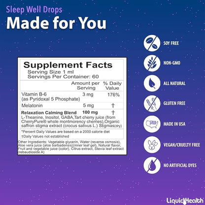 LIQUIDHEALTH Sleep Well Natural Sleep Aid Melatonin Drops - Better Sleep & Mood, Relax & Calm Mind, Fall Asleep Faster Stay Asleep Longer - Vegan, Sugar Free, Drug Free, Non-GMO, Great Taste (3-Pack)