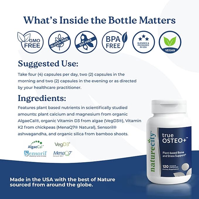 True-Osteo+ Plant-Based Supplement for Bone Strength D3, Vitamin K2, Silicon, (120 Veggie