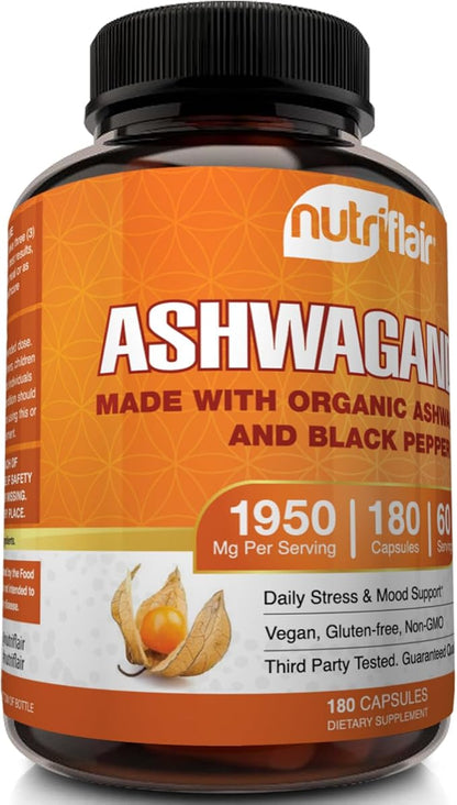 NutriFlair Organic Ashwagandha Root Extract 1950mg, 180 Capsules