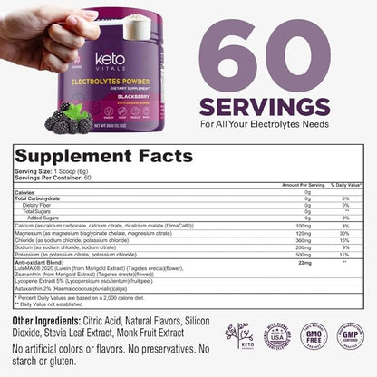 Keto Vitals Electrolytes Powder - Antioxidant Blend Keto Electrolytes Powder with Potassium, Magnesium, Sodium, & Calcium - No Sugar Electrolyte Drink Mix & Hydration Powder, 60 Servings, BlackBerry