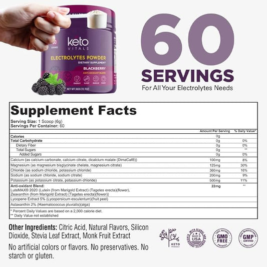 Keto Vitals Electrolytes Powder - Antioxidant Blend Keto Electrolytes Powder with Potassium, Magnesium, Sodium, & Calcium - No Sugar Electrolyte Drink Mix & Hydration Powder, 60 Servings, BlackBerry