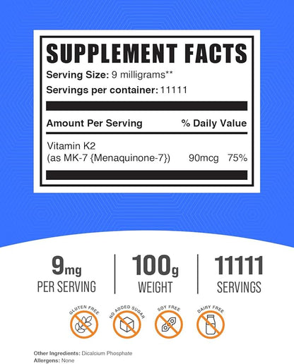 BulkSupplements.com Vitamin K2 Powder - Vitamin K2 MK-7, as Menaquinone Powder - K2 Vitamin Supplement for Wellness, Gluten Free, 9mg per Serving, 100g (3.5 oz) (Pack of 1)