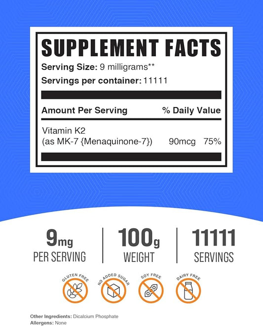 BulkSupplements.com Vitamin K2 Powder - Vitamin K2 MK-7, as Menaquinone Powder - K2 Vitamin Supplement for Wellness, Gluten Free, 9mg per Serving, 100g (3.5 oz) (Pack of 1)