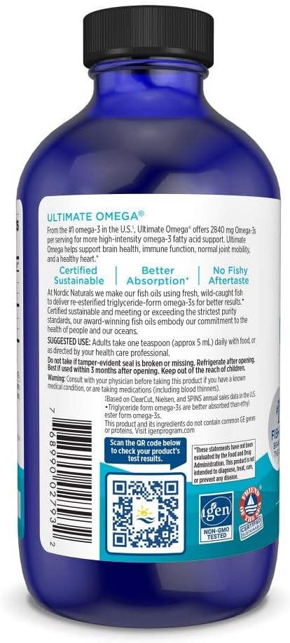 Nordic Naturals Ultimate Omega Liquid, Lemon Flavor 8 oz 2840 mg Omega-3 - Omega-3 Fish 48 Servings