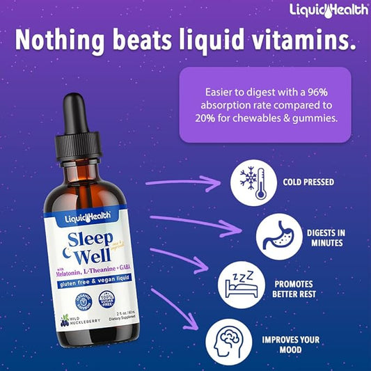 LIQUIDHEALTH Sleep Well Natural Sleep Aid Melatonin Drops - Better Sleep & Mood, Relax & Calm Mind, Fall Asleep Faster Stay Asleep Longer - Vegan, Sugar Free, Drug Free, Non-GMO, Great Taste (3-Pack)