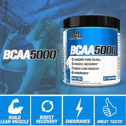 Evlution EVL BCAAs Amino Acids Powder - BCAA Powder Post Workout Recovery Drink and Stim Free Pre Workout Energy Drink Powder - 5g Branched Chain Amino Acids Supplement for Men - Blue Raz