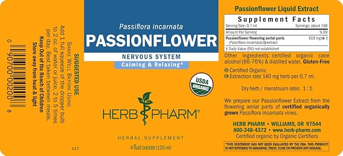 Herb Pharm Certified Organic Passionflower Liquid Extract 4 Fl