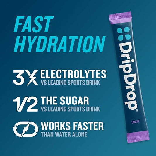 DripDrop Hydration - Juicy Variety Pack - Electrolyte Drink Mix Single Serve Powder Packets - Grape, Fruit Punch, Strawberry Lemonade, Cherry | Non-GMO, Gluten Free, Vegan | 32 Sticks