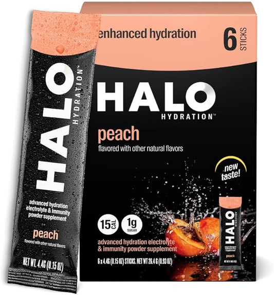 Halo Hydration Electrolyte Powder Packets – Peach - 6 Servings (5g Each) - Organic Hydration Drink with Low Sugar + Essential Vitamins + Minerals - Vegan