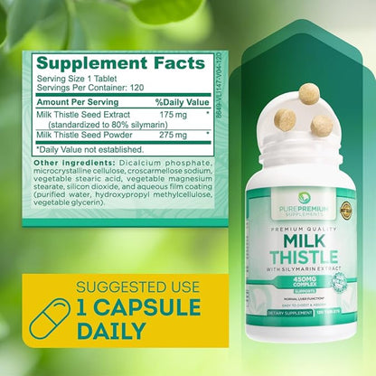 PurePremium Milk Thistle Supplement with Silymarin Extract 450MG Complex 4 Months 120 Tablets