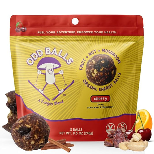 ODD BALLS Organic Energy Balls Cherry - Superfood Mushroom Snack - Running, Cycling, Hiking - Gels, Bars Alternative - Lion's Mane Focus, Cordyceps Energy - Vegan, Gluten Free Snacks for Kids & Adults (8.5 oz, Cherry)