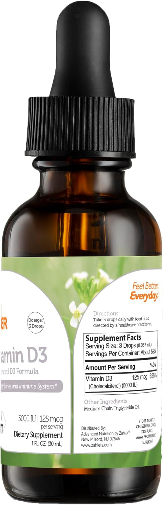 Zahler Liquid Vitamin D3 5000 IU Liquid Drops - Vitamin D3 Liquid Drops for Adults Bone & Immune Health - Liquid D3 Vitamin D - Liquid Vitamin D Drops - Vitamin D Supplements for Women & Men (1 fl oz)