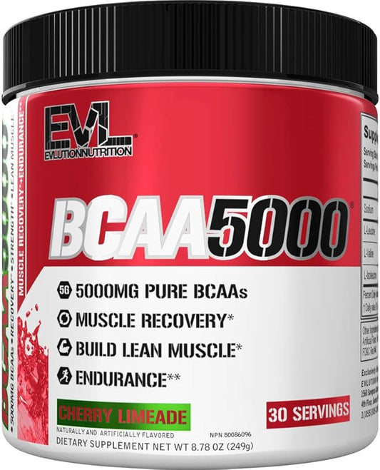 Evlution EVL BCAAs Amino Acids Powder - BCAA Powder Post Workout Recovery Drink and Stim Free Pre Workout Energy Drink Powder - 5g Branched Chain Amino Acids Supplement for Men - Cherry Limeade