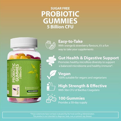 NutriZing Sugar Free Probiotic Gummies 100 Count, 5 Bn