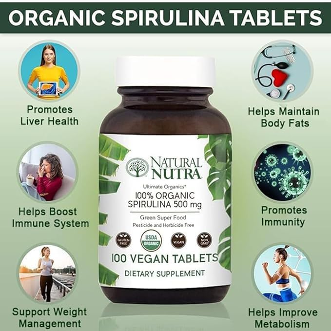 Natural Nutra 100% USDA Organic Spirulina 300mg, 100 100 Vegan
