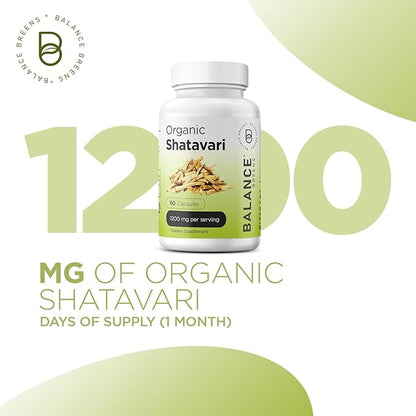 Organic Shatavari 1200mg, 60 Capsules - Lactation Support Vitamins, Hormonal Balance for Women, Asparagus Racemosus Root
