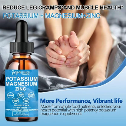 Potassium Magnesium Supplement Liquid w/ 500mg Triple Complex Magnesium & Potassium 99mg Plus Bromelain, Ashwagandha,D3 B6 & Zinc for Leg Cramps& Muscle Health, Cortisol Balanced & Zzz, Non-GMO