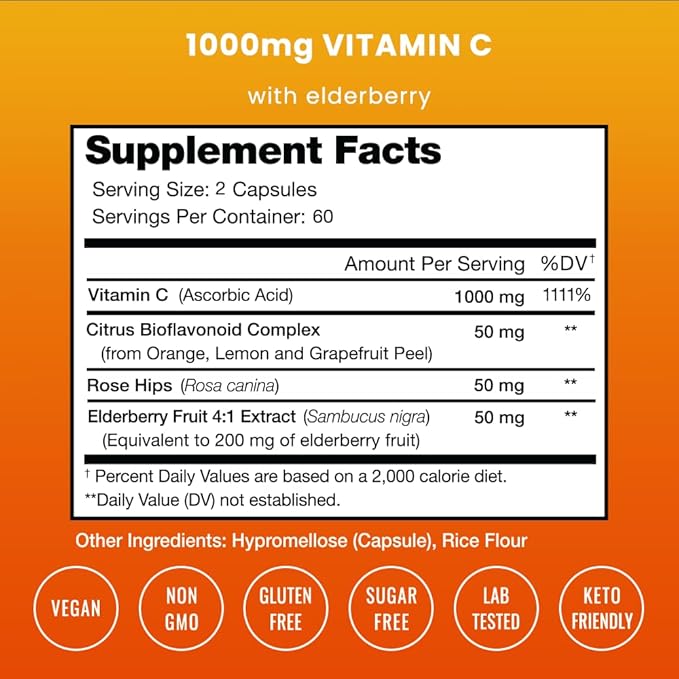 NutraChamps (2 Pack) Vitamin C 1000mg 120 Capsules 500mg Powder