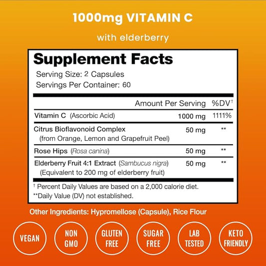 NutraChamps (2 Pack) Vitamin C 1000mg 120 Capsules 500mg Powder