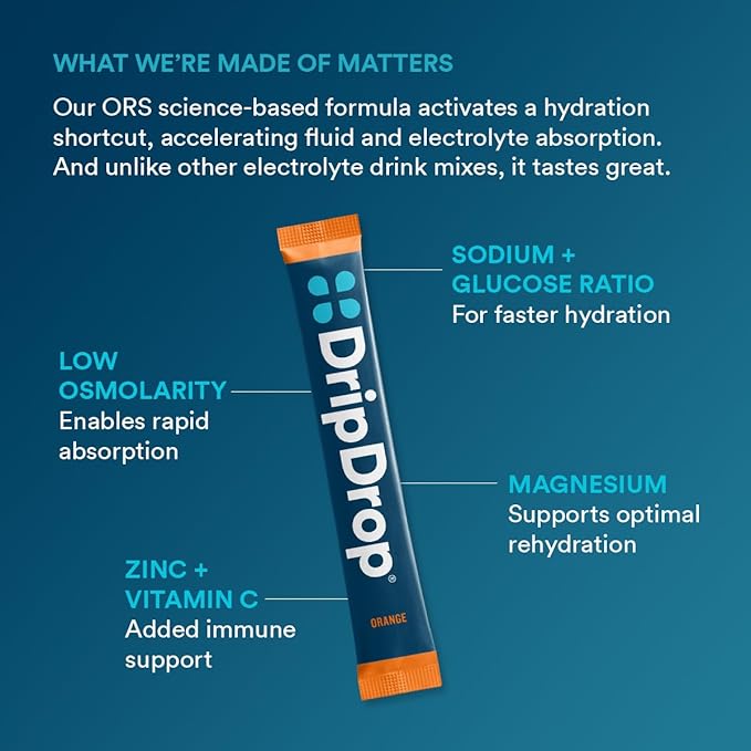 DripDrop Hydration - Orange - Electrolyte Drink Mix Single Serve Powder Packets | Non-GMO, Gluten Free, Vegan | 32 Sticks