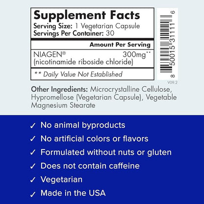 TRU NIAGEN Patented NAD Supplement for Anti Aging and Cell Regeneration, 300 mg Niagen, 30 Servings | Supports Cellular Energy, Brain, Muscle | Nicotinamide Riboside (NR) Take 1 Daily | 1 Bottle