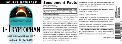 Source Naturals L-Tryptophan, for Mood, Relaxation, 500mg - 90 Capsules