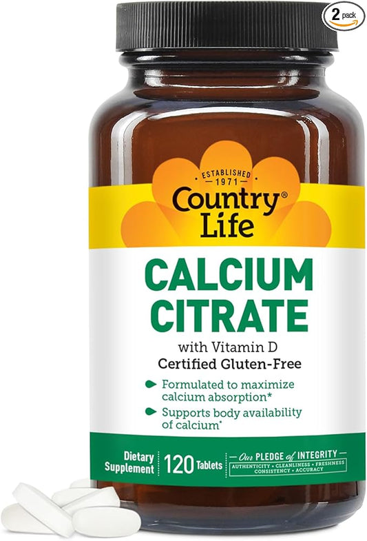 Country Life Calcium Citrate with Vitamin D – 500mg – Highly Absorbable Calcium Supplement – Certified Gluten Free, Vegan, Halal, Non-GMO – 120 Tablets