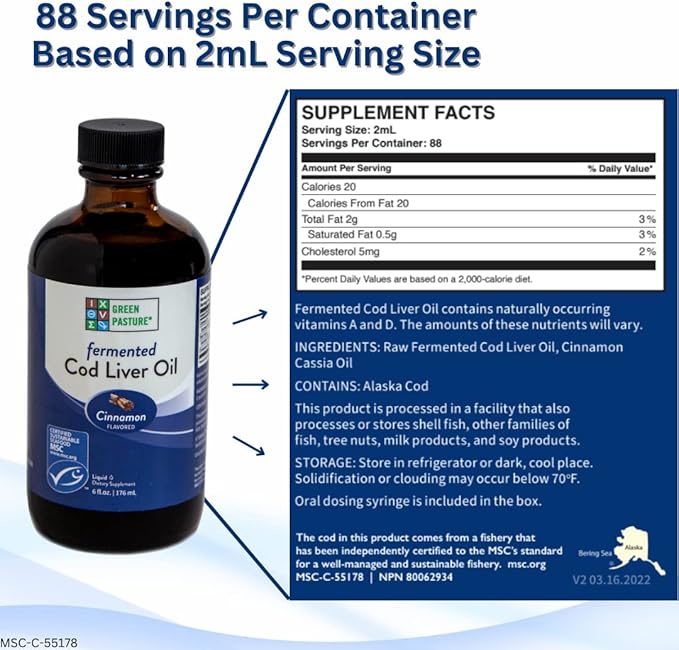 Green Pasture - Fermented Cod Liver 6 fl. 3 Omega 6 Omega 9 (6oz (6oz Cinnamon)
