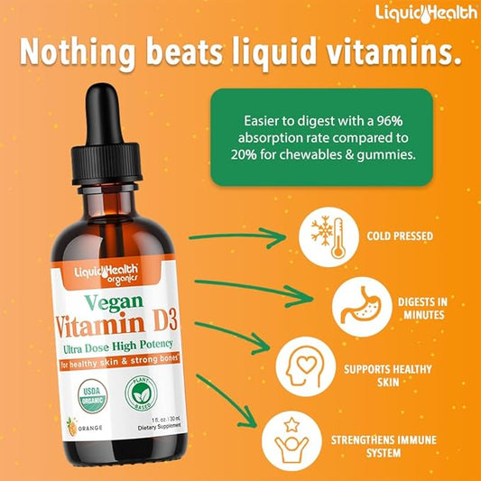 LIQUIDHEALTH Liquid Vitamin D3 5000 IU, Organic Vitamin D Liquid Drops, Adults & Kids, Vegan Liquid Vitamin D for Immune Support, Bone Health, Mood Support - (3pack)