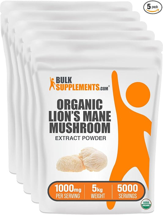 BulkSupplements.com Organic Lion's Mane Mushroom Extract Powder - Lions Mane Supplement Powder, Lion's Mane Extract - Mushroom Supplement, 1000mg per Serving, 5kg (11 lbs) (Pack of 5)
