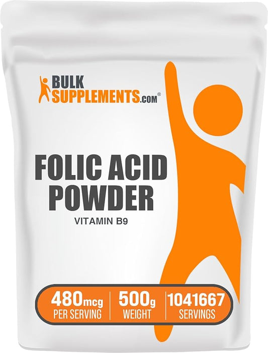 BulkSupplements.com Folic Acid Powder - Vitamin B9, Folic Acid Supplement - Folic Acid Prenatal Vitamins, Folic Acid 800 mcg - Gluten Free, 480mcg per Serving, 500g (1.1 lbs) (Pack of 1)