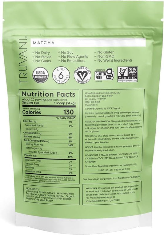 Truvani Vegan Pea Protein Powder 20g Organic 20 Servings