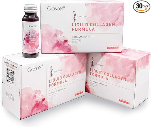 Hydrolyzed Liquid Collagen Drink, 10,000mg Wild-Caught Q10, Coenzyme, (3 Boxes, 30 Bottles,